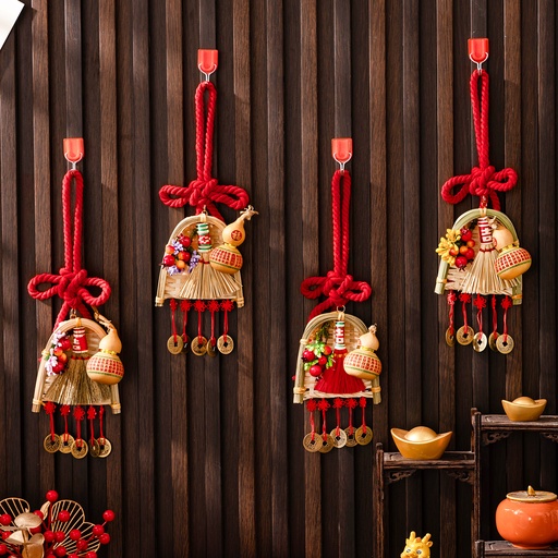 New Year broom and dustpan hanging ornaments, house - warming and New Year greetings decorations. Hanging knots in the shape of the Chinese character "wan" for door handles, decorations for creating a Chinese New Year atmosphere.